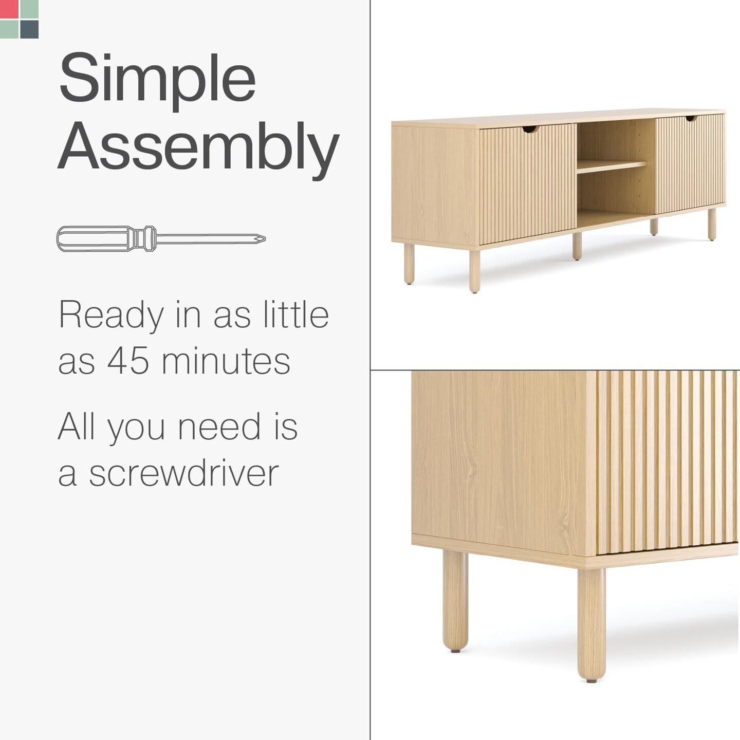 Contemporary Fluted TV Stand - Media Console - 70 Inch Entertainment Center with Storage - Console Table for Living Room and Bedrooms - Supports 32 to 80&#x22; TVs - Soft-Close Cabinet Doors (Light Oak)