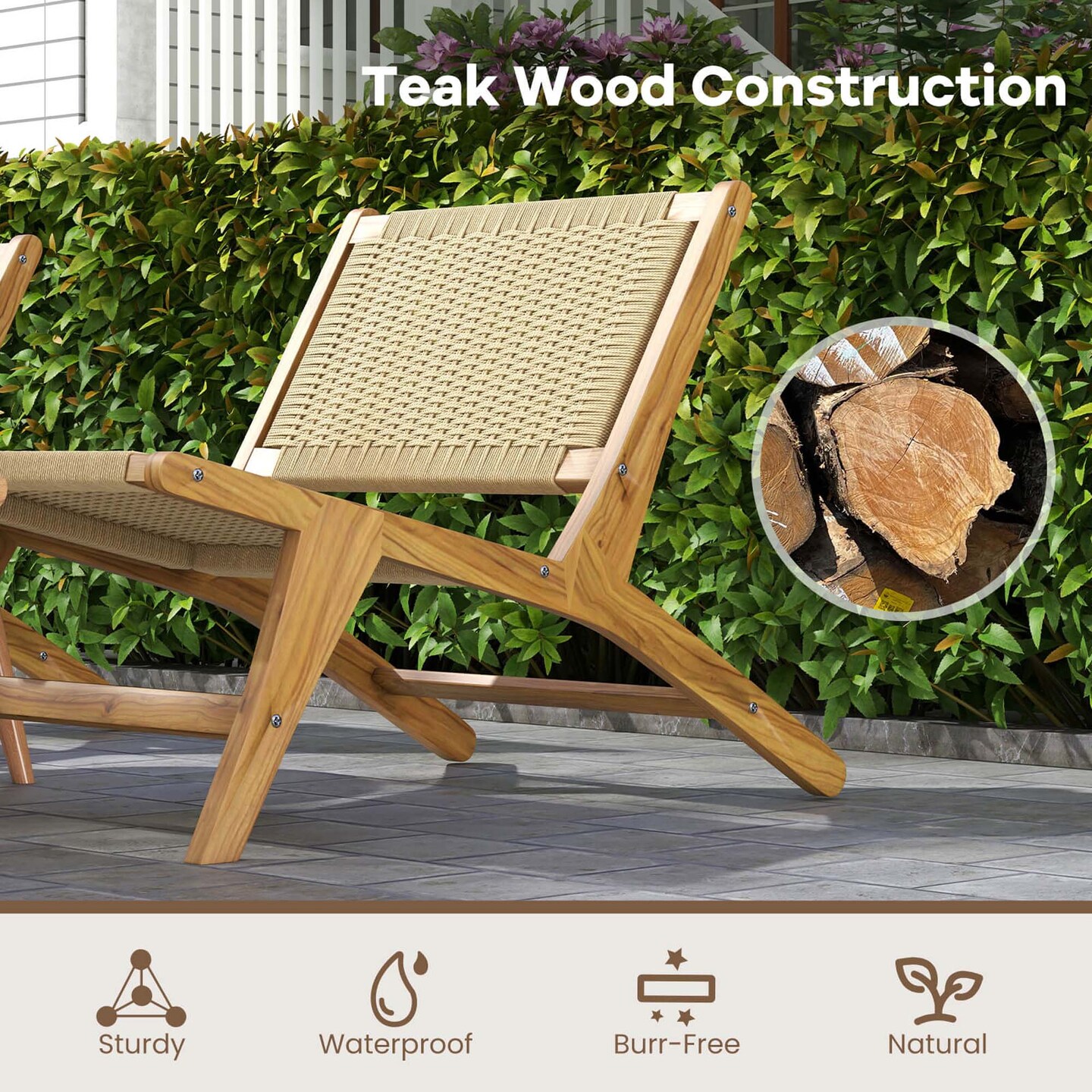 Costway 1/2 PCS Teak Wooden Chair with Braided Rope Seat & Backrest Mid Century Modern