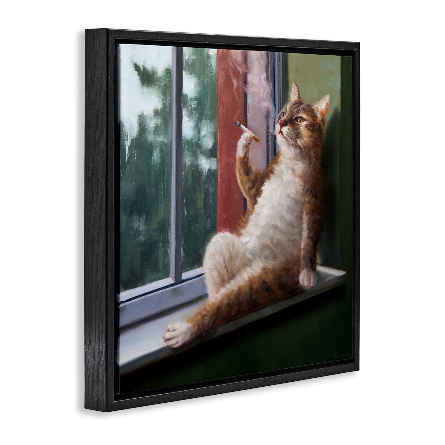 Stupell Industries Cat Smoking Lounging in Window Framed Floater Canvas Wall Art