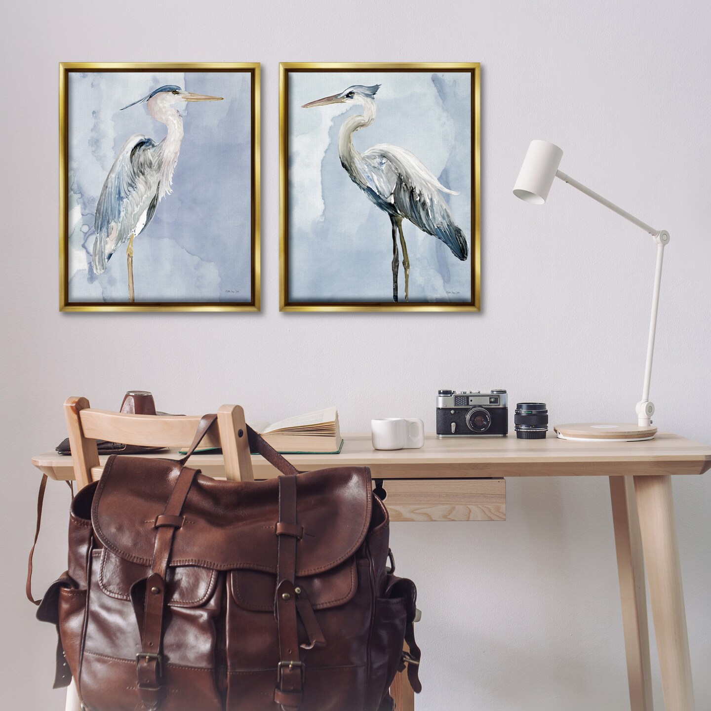 Stupell Industries Heron Birds Standing Blue Sky Framed Floater Canvas Wall Art