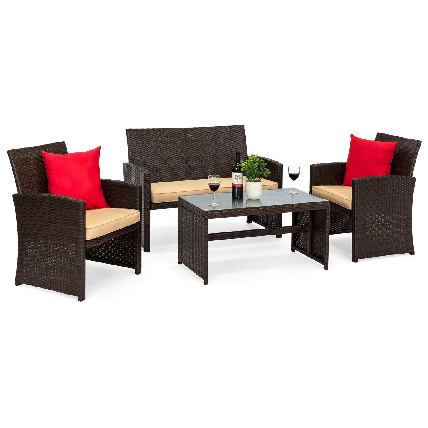 Best Choice Products 4-Piece Outdoor Wicker Patio Conversation Furniture Set w/ Table, Cushions