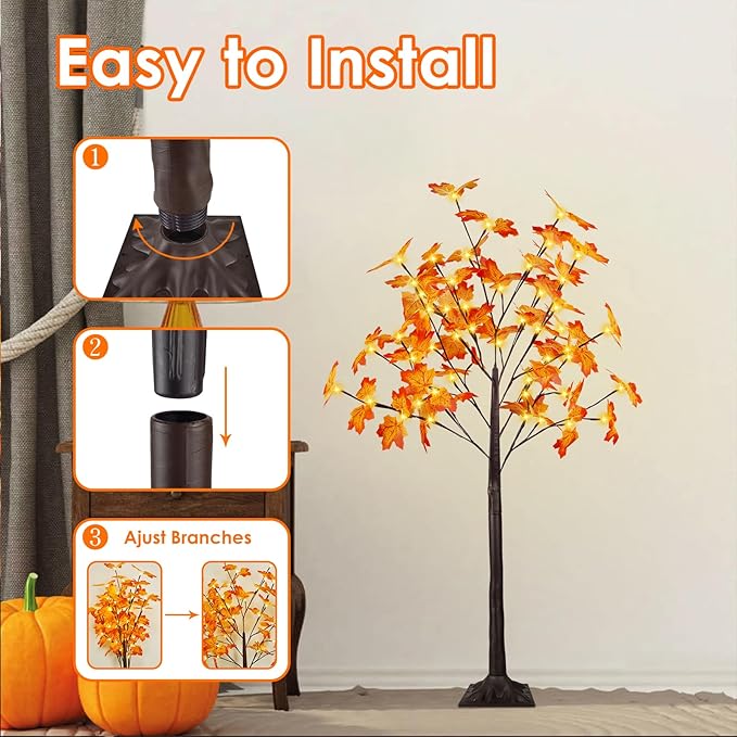 2 Pack 4FT Artificial Lighted Maple Tree, Fall Decorations for Home with Timer, 96 LED Prelit Fall Decor Maple Tree with Warm White Light for Indoor Outdoor Harvest, Halloween, Thanksgiving, Orange