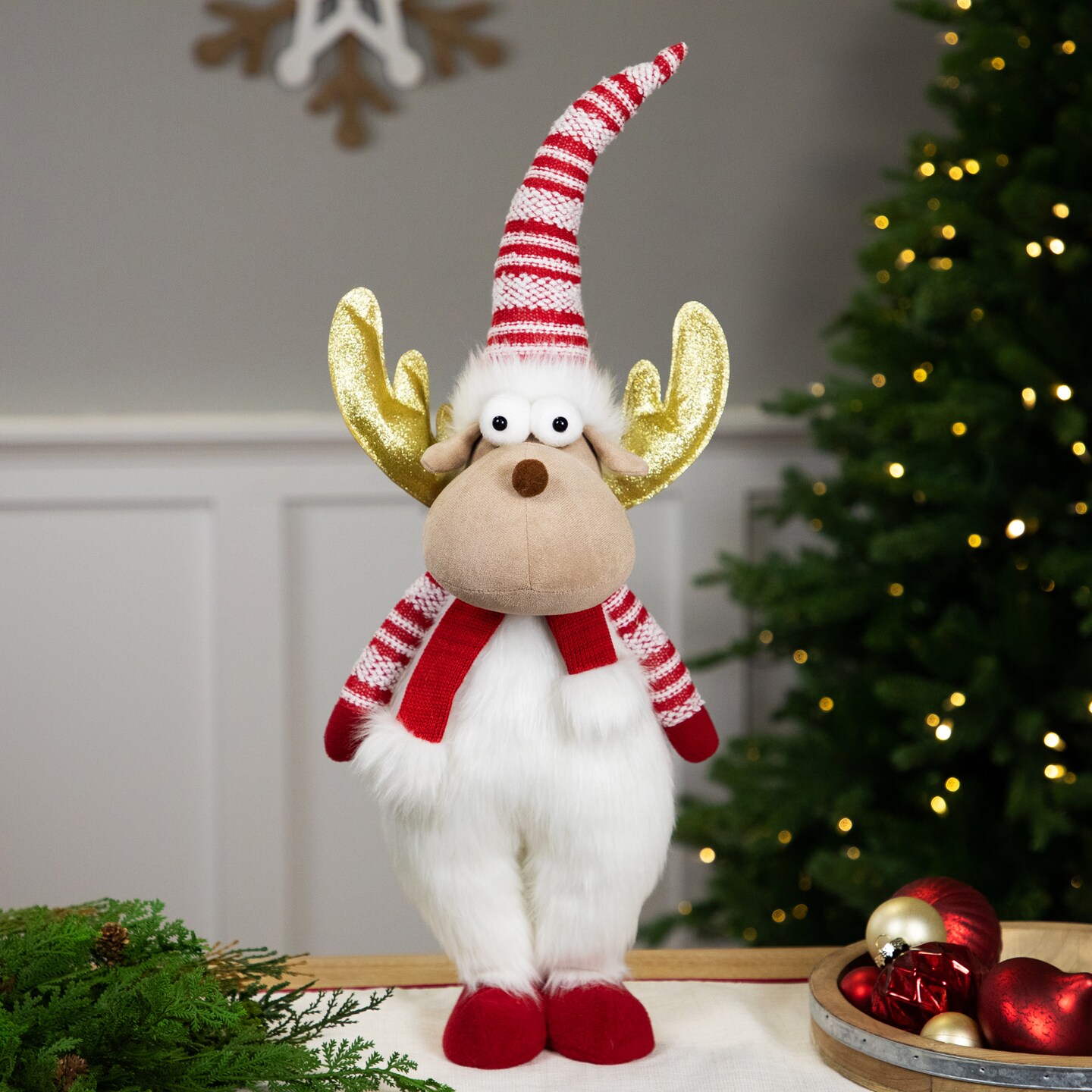 Northlight Standing Plush Moose Christmas Figure with Glitter Antlers - 25" - White and Red