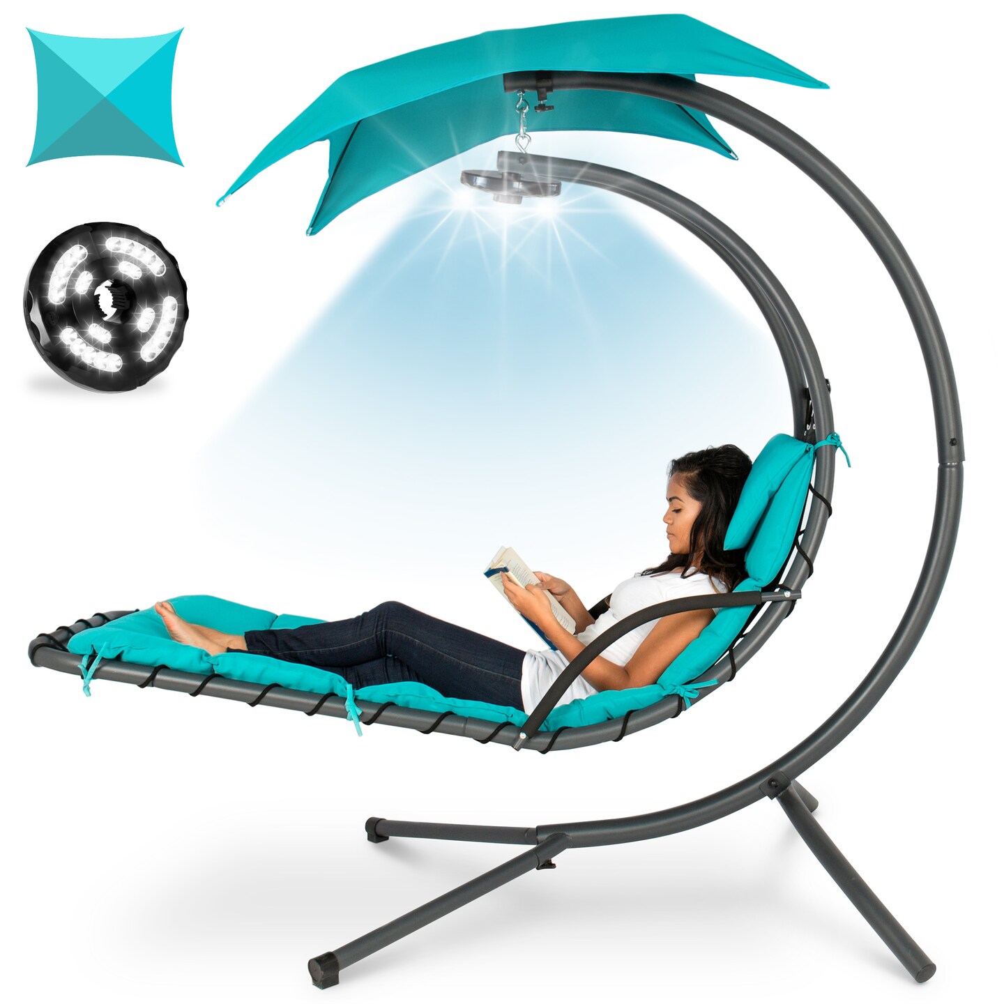 Best Choice Products Hanging LED-Lit Curved Chaise Lounge Chair for Backyard, Patio w/ Pillow, Canopy, Stand