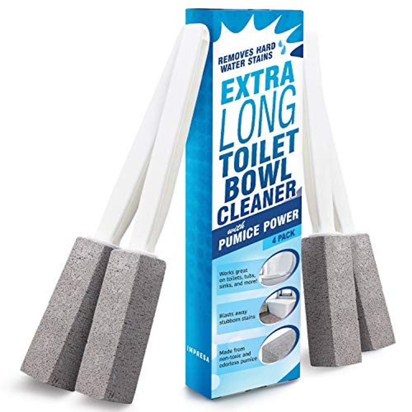 IMPRESA [4 Pack] Extra Long Handled Pumice Stone Toilet Bowl Cleaner - Limescale Remover - Pumice Toilet Brush - Also Cleans BBQ Grills, Tiles, Tile Grout, &#x26; Swimming Pools