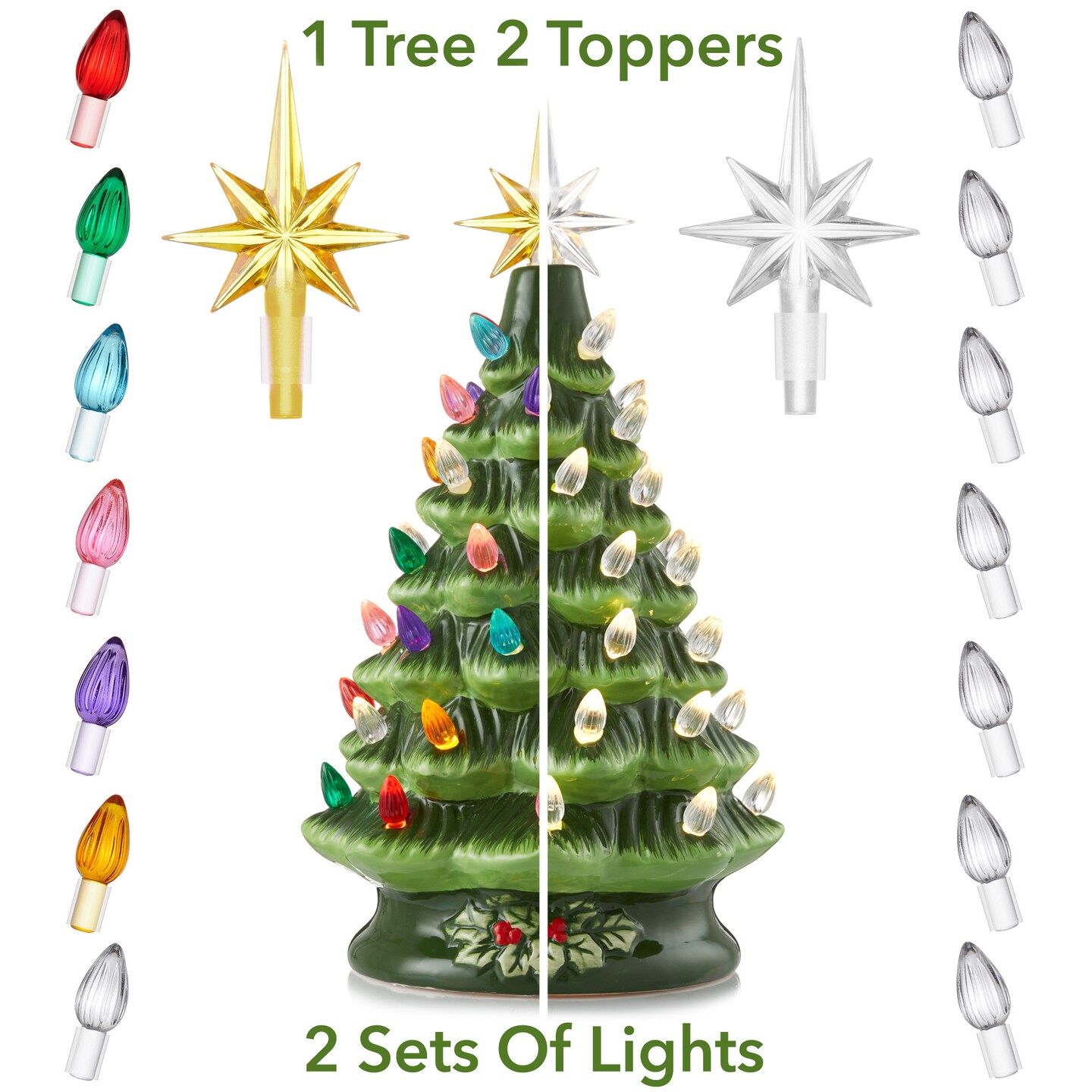 Casafield Hand Painted Ceramic Christmas Tree, 12-Inch Pre-Lit Tree with 100 Multi Color Lights and 2 Star Toppers