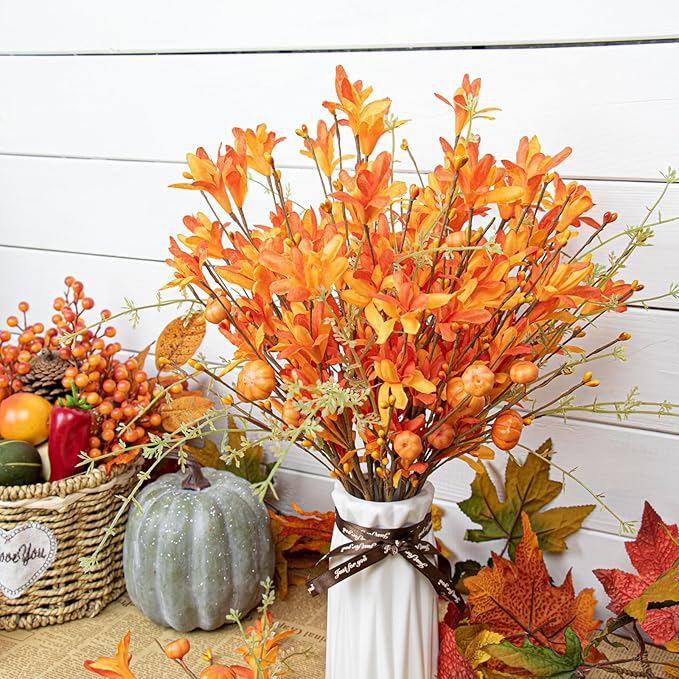 Artificial Fall Flowers 12 Pack: Fall Floral Picks with Pumpkins and Berries 17-inch Orange Forsythia Stems for Autumn Flower Arrangements Home Thanksgiving Decorations