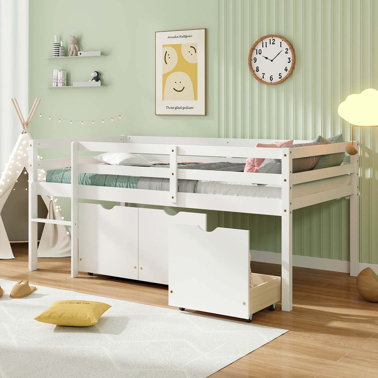 Costway Twin Size Low Loft Bed with 3 Drawers Ladder & Full-length Guardrails Storage White/Grey
