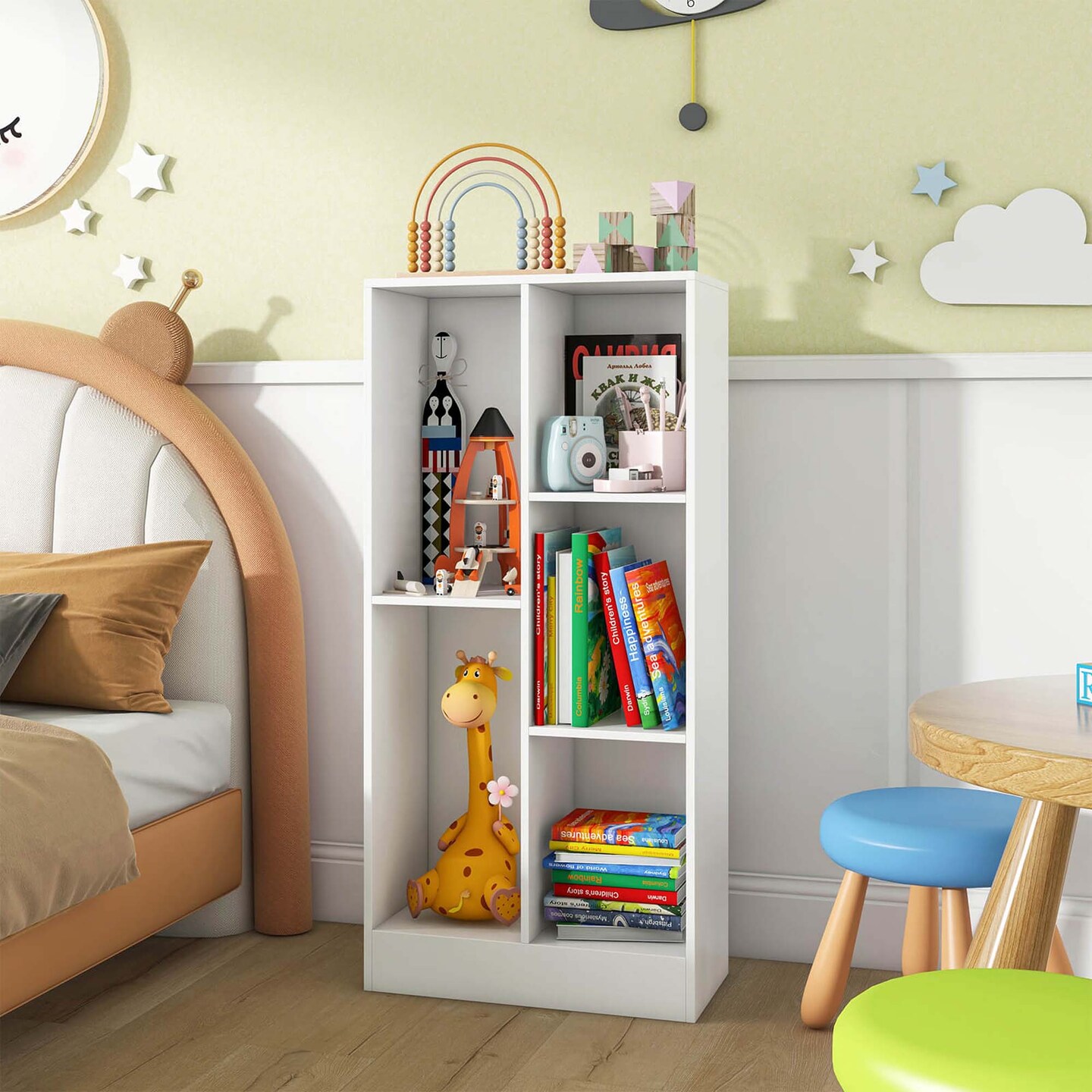 Costway 5-Cube Bookcase for Kids 41&#x22; Wooden Toy Storage Organizer for Kid&#x27;s Room White/Natural