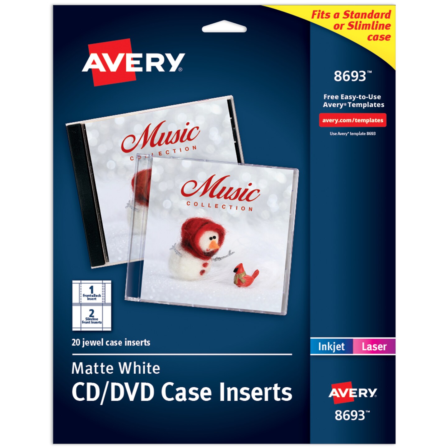 Avery Printable CD Jewel Case Inserts, Matte White, Laser &#x26; Inkjet Printers, 20 Standard and Slimline Inserts (8693)