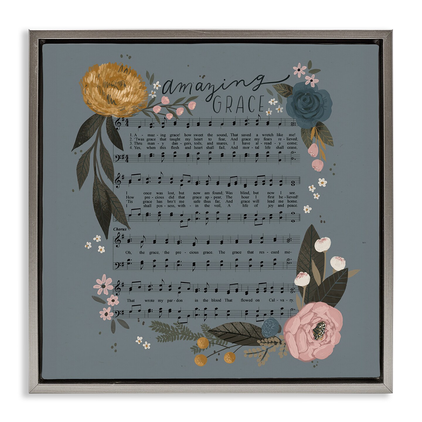 Stupell Industries Amazing Grace Floral Hymn Framed Floater Canvas Wall Art Design by Loni Harris