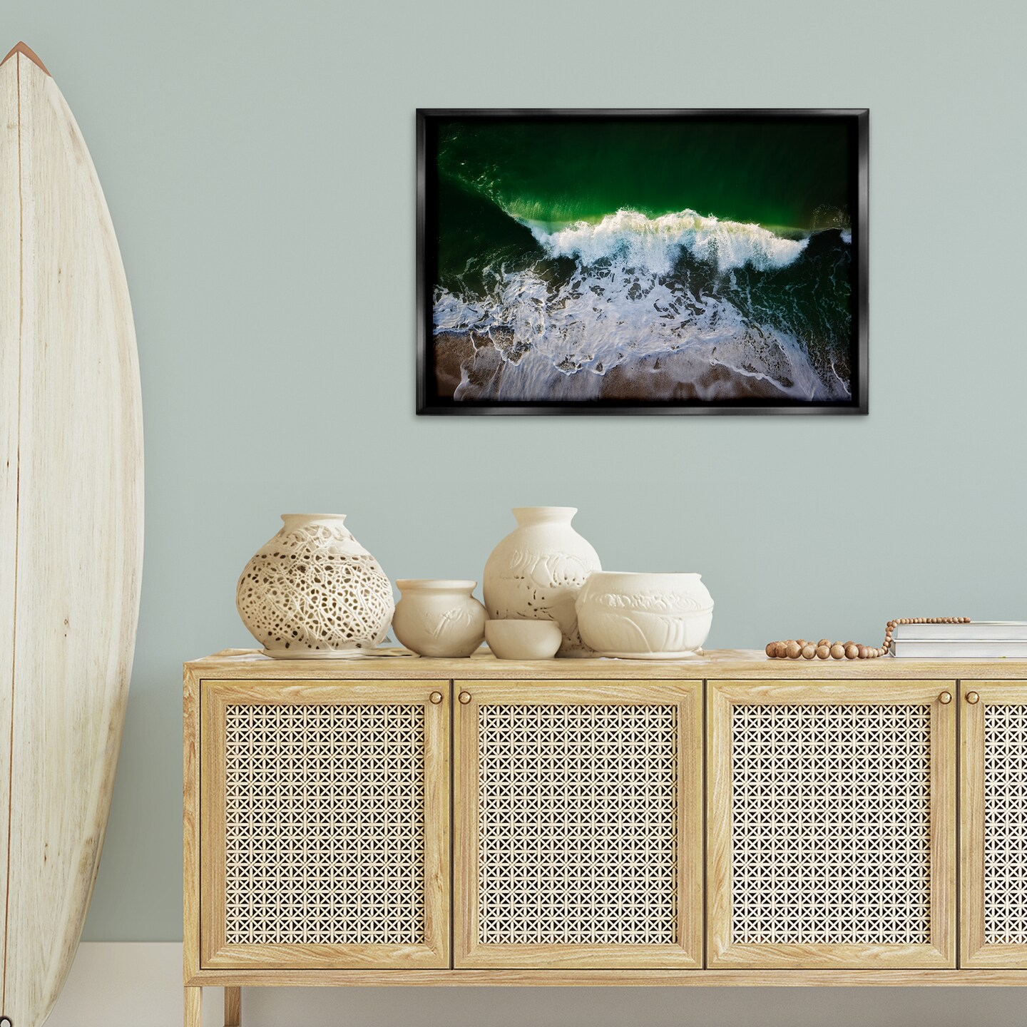 Stupell Industries Deep Green Wave Splash Framed Floater Canvas Wall Art Design by Rick Berk