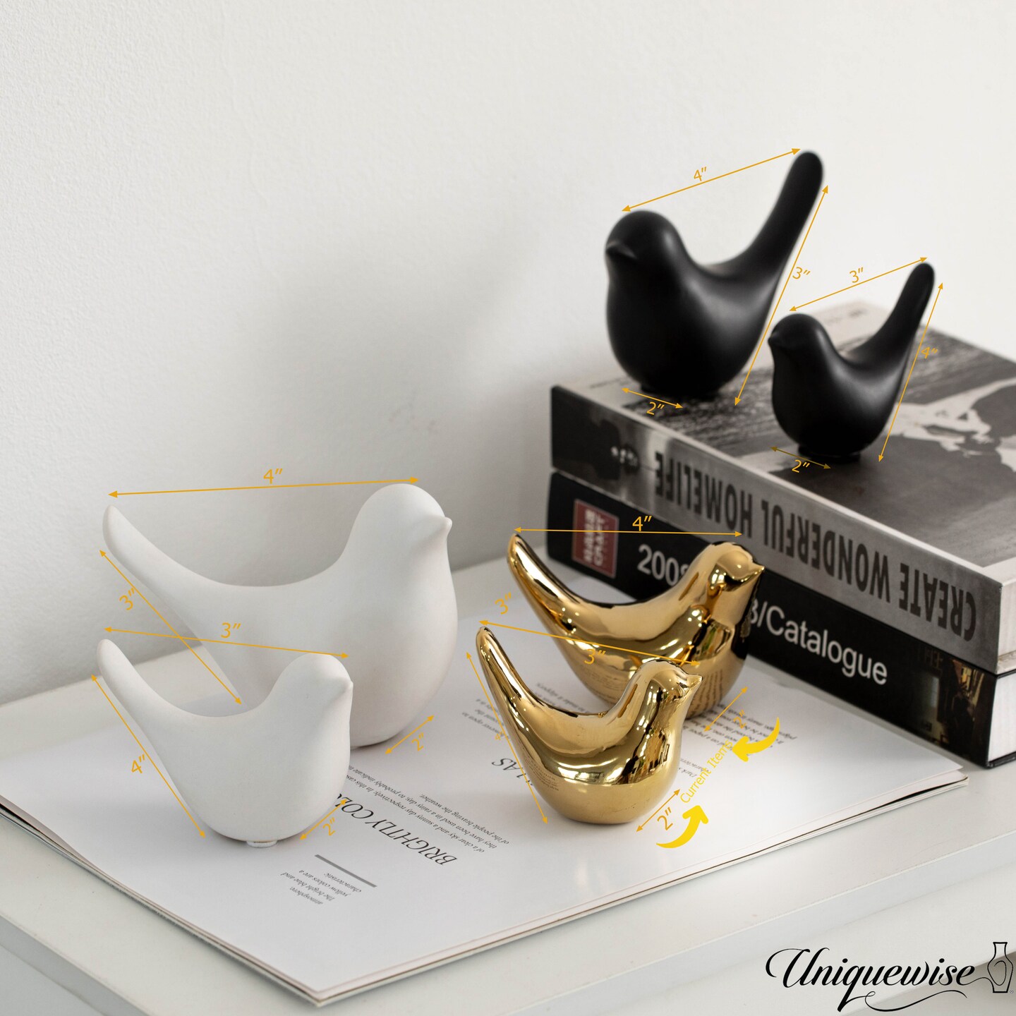 Uniquewise Set of 3 Gold Bird Figurines Elegant Home D&#xE9;cor