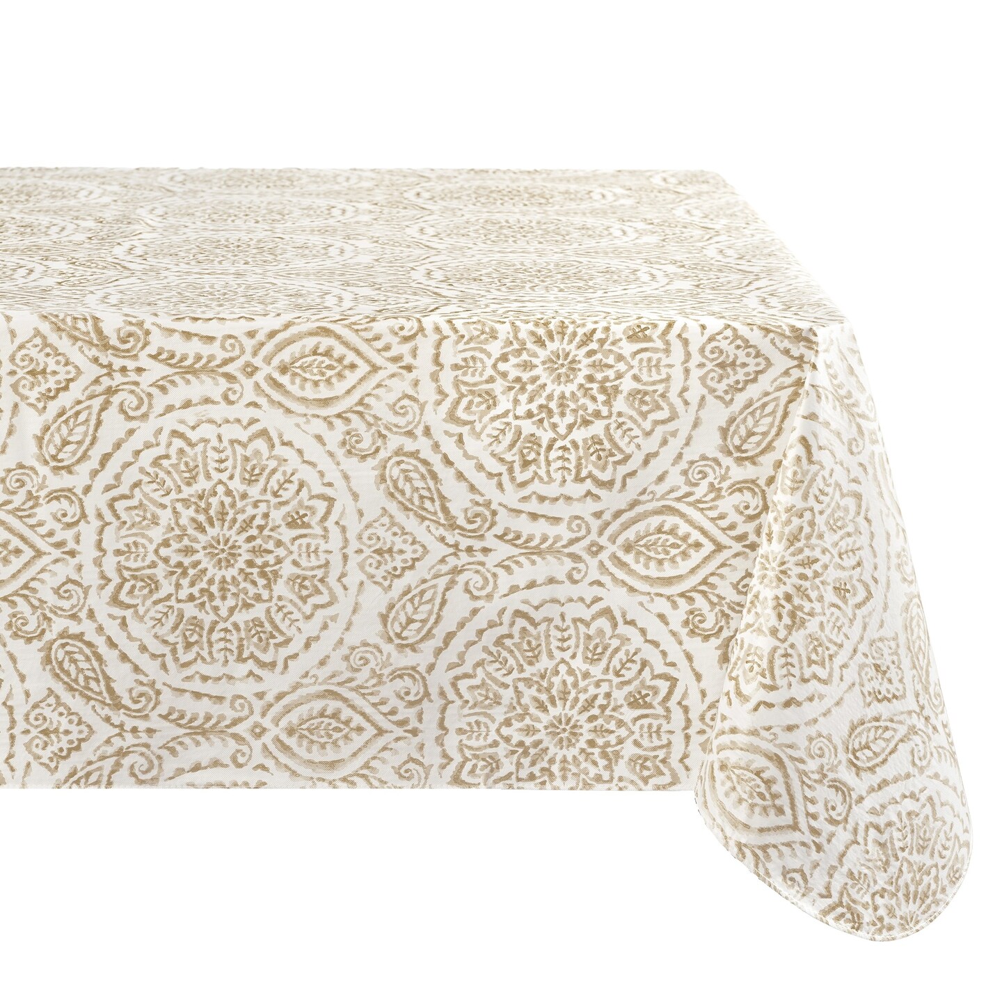 Threadmade Home Savannah Boho Paisley Printed Vinyl Indoor/Outdoor Tablecloth, Taupe - 60"W x 102"L