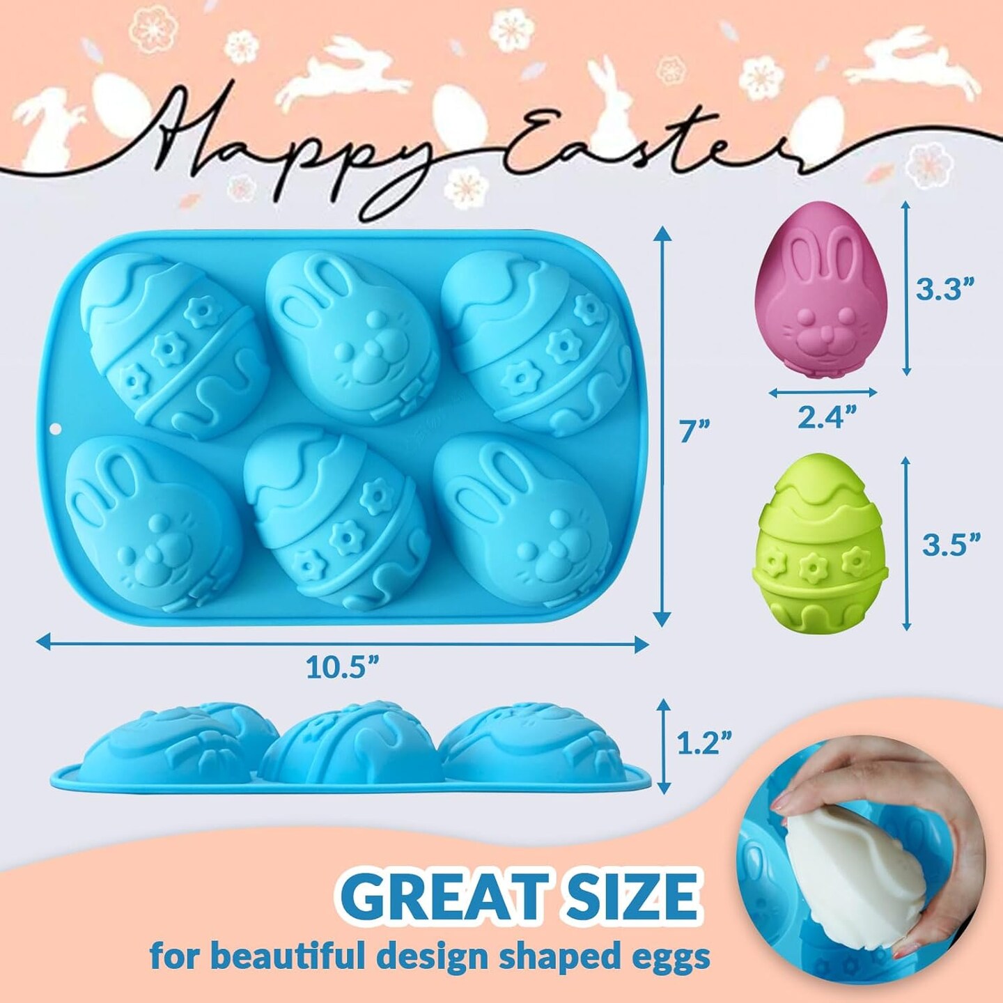 Easter Egg Molds Silicone 3.5 Inch, 2-Pack Chocolate Baking Holiday Mould, Non-Stick BPA Free, Kid-Friendly Soap Rabbit & Floral Designs, Blue & Pink