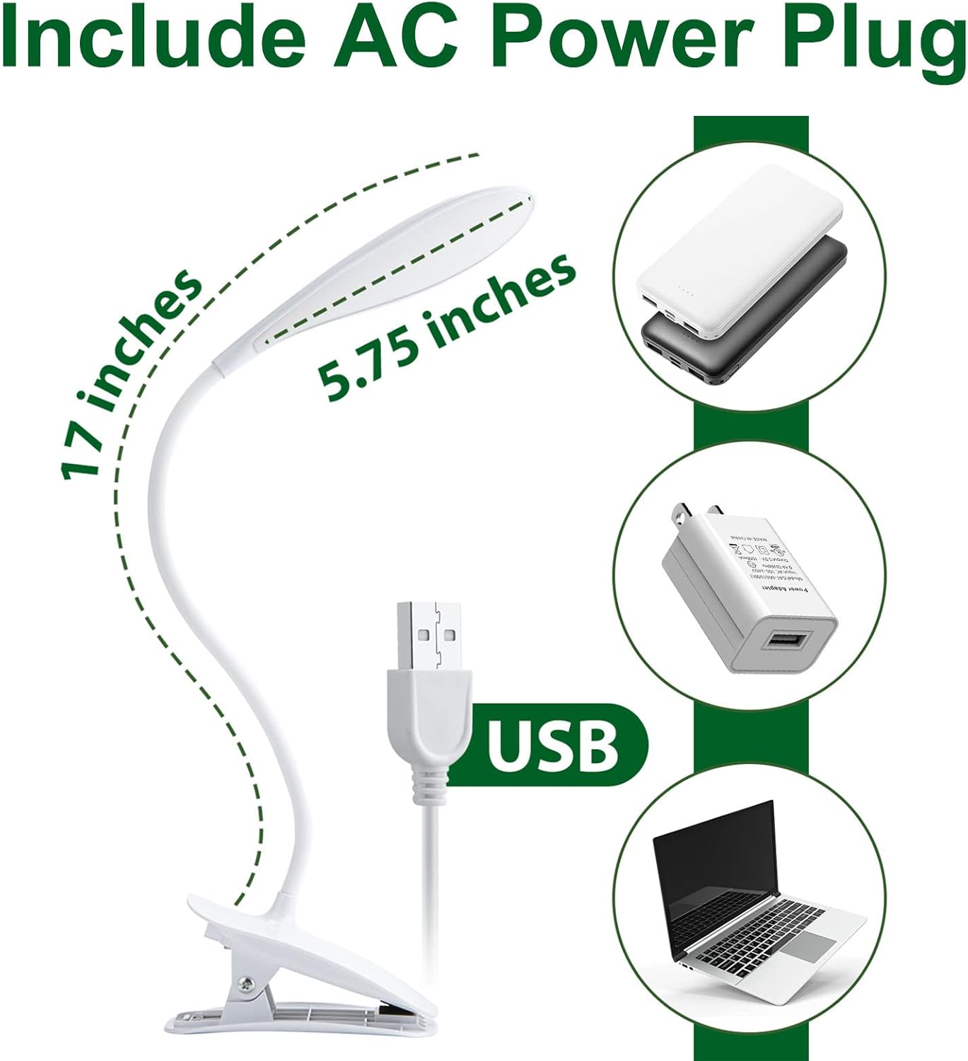 LED Desk Lamp Eye-Caring Clamp Light Clamp Lamps Reading Lights with USB Port, 360°Flexible Gooseneck Bed Night Light (Include AC Power Plug)