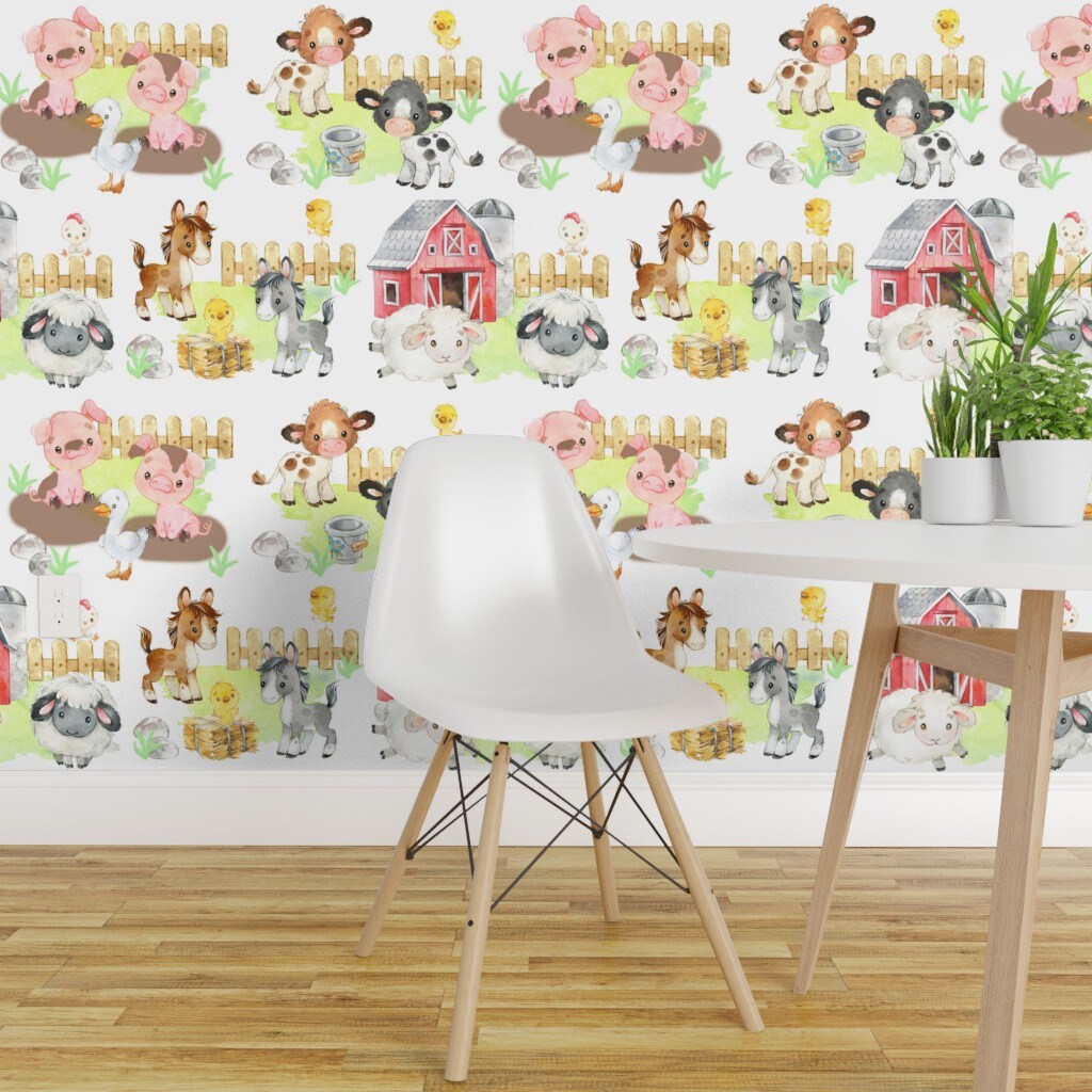 Peel &#x26; Stick Wallpaper 2FT Wide Farm Animals Baby Barnyard Watercolor Custom Removable Wallpaper by Spoonflower