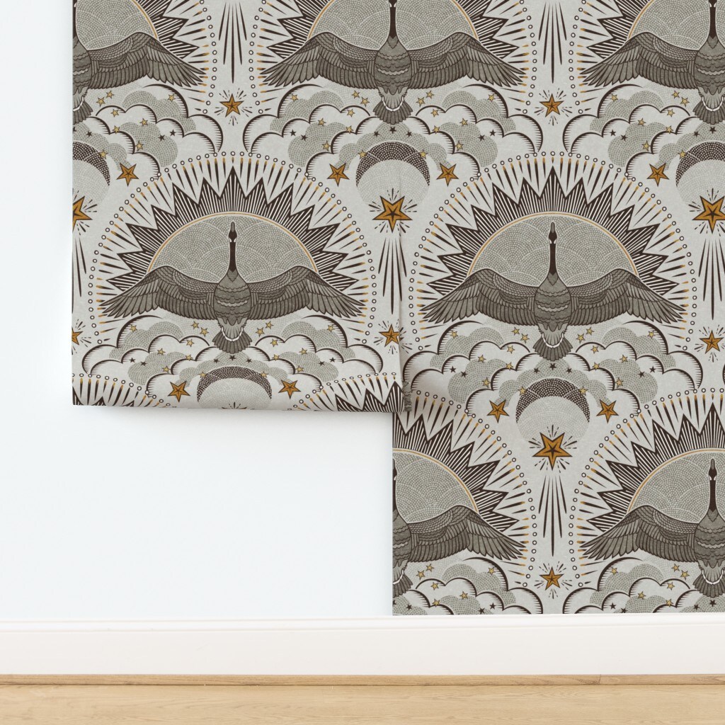 Rustic Bohemian Geese Night Sky Canadian Cabincore Farmhouse Flying Birds Stars Moon Clouds Wingspan Earthy Dots Lines Geometric Lodge Custom Removable Wallpaper by Spoonflower Peel & Stick Wallpaper 2FT Wide
