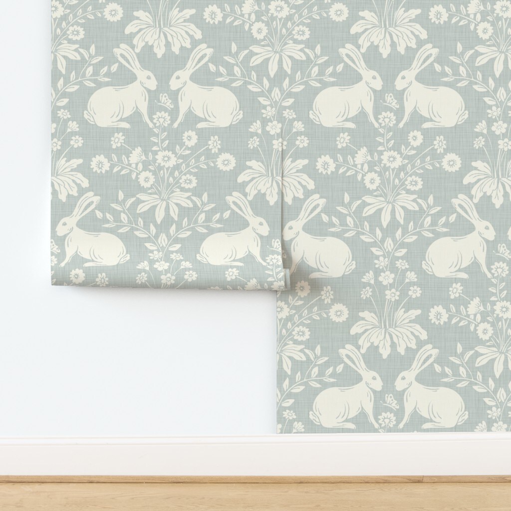 Traditional Cottagecore Floral Arts And Crafts Hand Drawn Rabbit Bunny Animals Wildflowers Botanical Farmhouse Rustic Faux Texture Crosshatch Custom Removable Wallpaper by Spoonflower Peel & Stick Wallpaper 2FT Wide 18112451