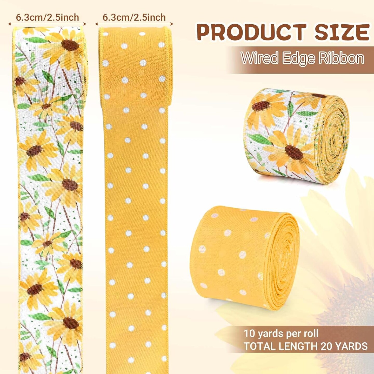 Sunflower Wired Edge Ribbon Set – Yellow & White Floral Craft Ribbon, 2 Rolls (20 Yards Total) for Spring DIY Crafts, Wreath Making, Bow Making, Gift Wrapping & Wedding Party Decorations