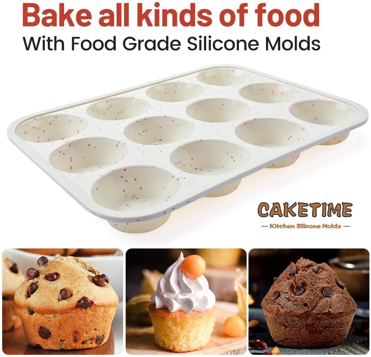 Silicone Muffin Pan, Metal Reinforced Frame Cupcake Pan 12 Cups Regular Size Easy to Move in or Out of Oven Non-Stick (2)