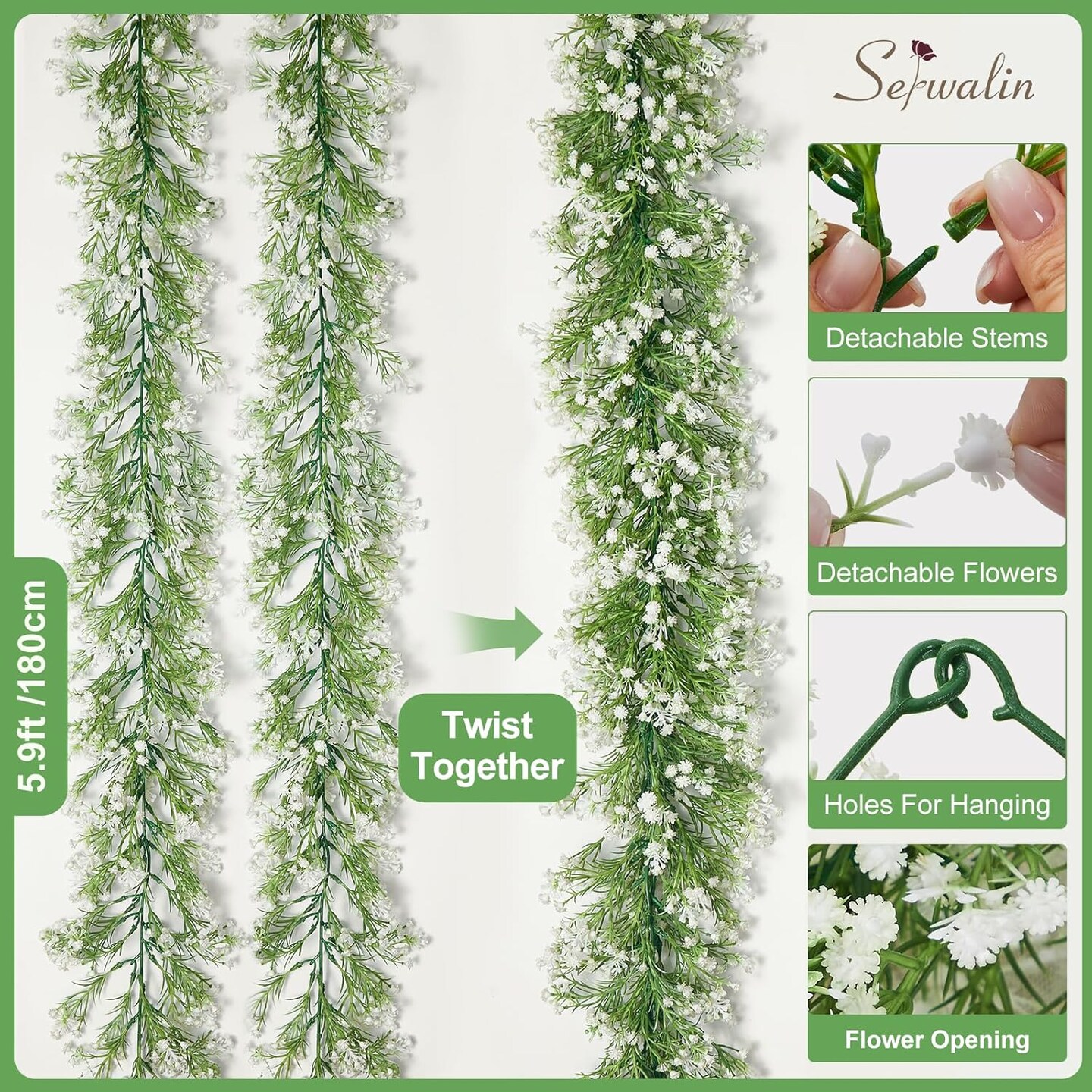 2Pcs 5.9 Ft Babys Breath Garland, 162 Branches White Artificial Baby Breath Spring Flower Vines, Faux Garland Real Touch Gypsophila Hanging Flower Vines for Wedding Arch Party Table Home Wall Decor