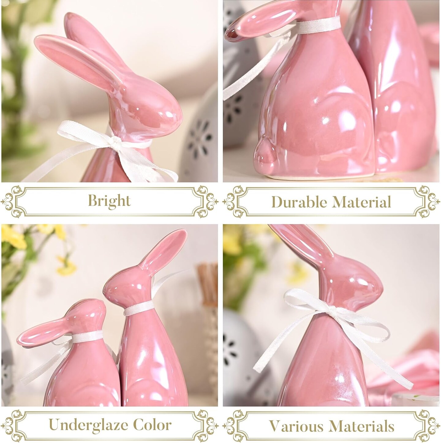 Easter Decorations, 2Pcs Easter Bunny Decor, Pearl Pink Ceramic Rabbit Statue Figurine for Home, Spring Easter Gift Tiered Tray Decorations for Indoor Table Centerpieces&#xFF0C;6.3 Inch