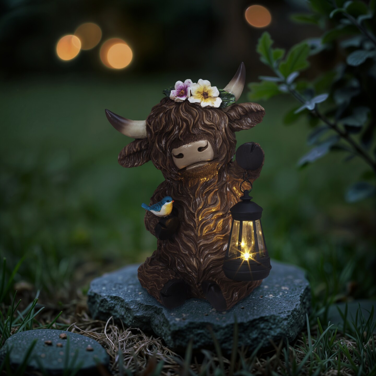 Contemporary Home Living LED Solar Powered Highland Cow with Lantern - 12.5&#x22; - Brown