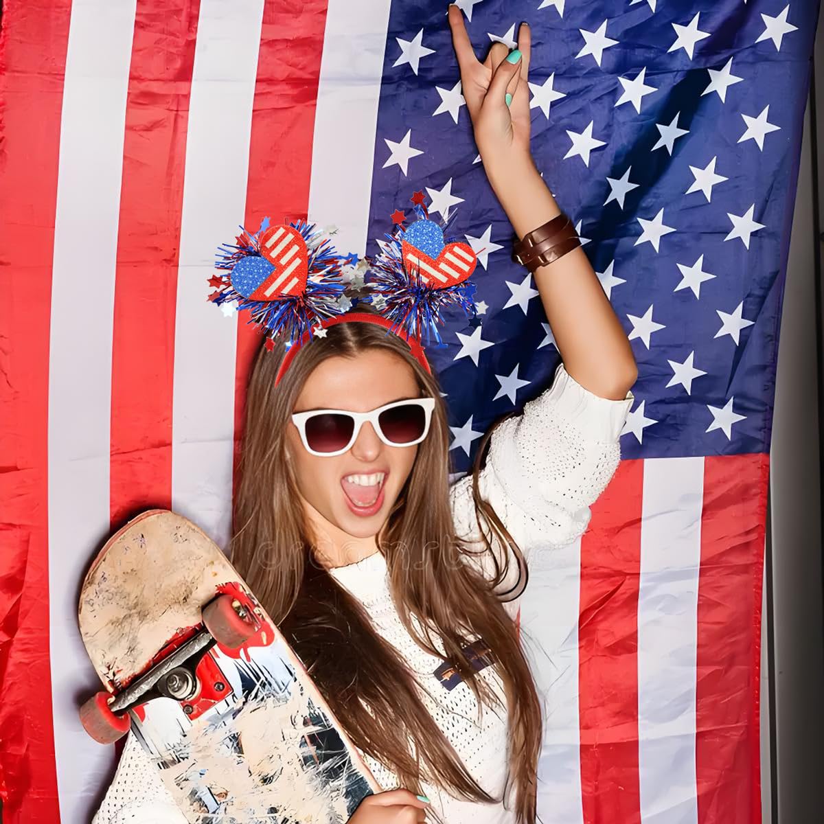 4th of July Headband for Women - Glitter Heart Patriotic Headband - Red White Blue American Flag Headbands for Patriotic Accessories - Red White and Blue Decorations Memorial Day Party Supplies