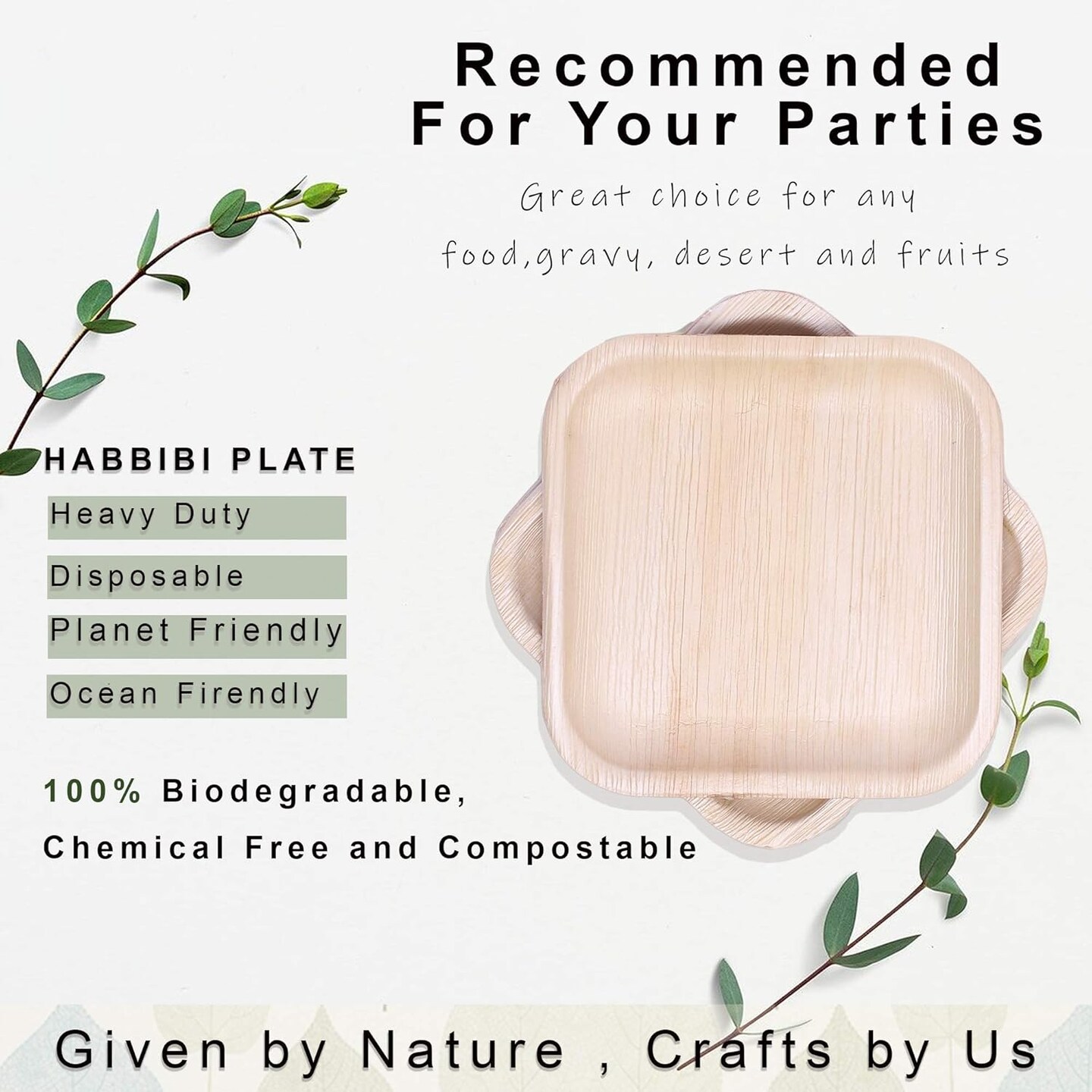 Bamboo Plates Disposable with cutlery (25 Forks &#x26; 25 Knives) - 8&#x22; Eco Friendly Palm leaf plates, 100% Biodegradable &#x26; Compostable Party Plates (8 Inch) better than plastic and paper plate