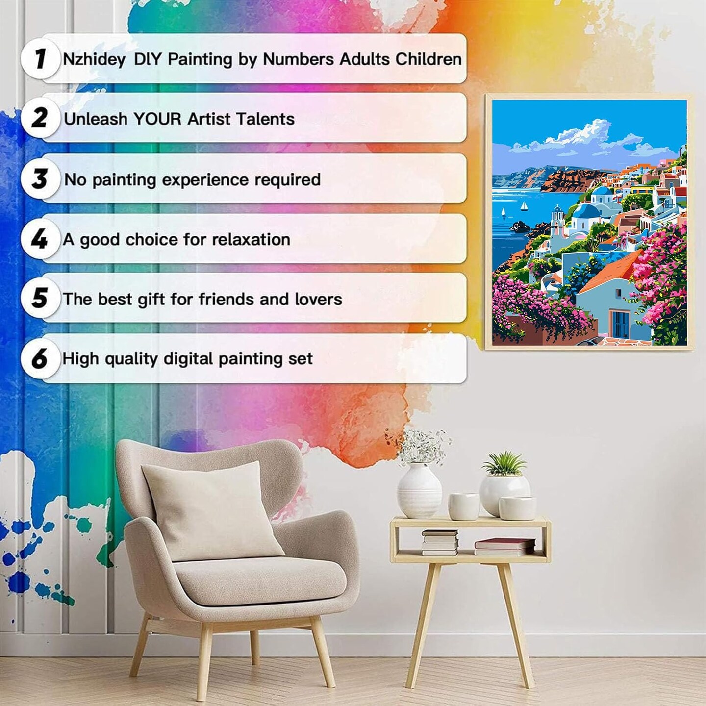 Paint by Numbers Kit for Adults- Santorini Adult Paint by Number Kits on Canvas, Landscape Painting with Numbers Craft for Home Decor
