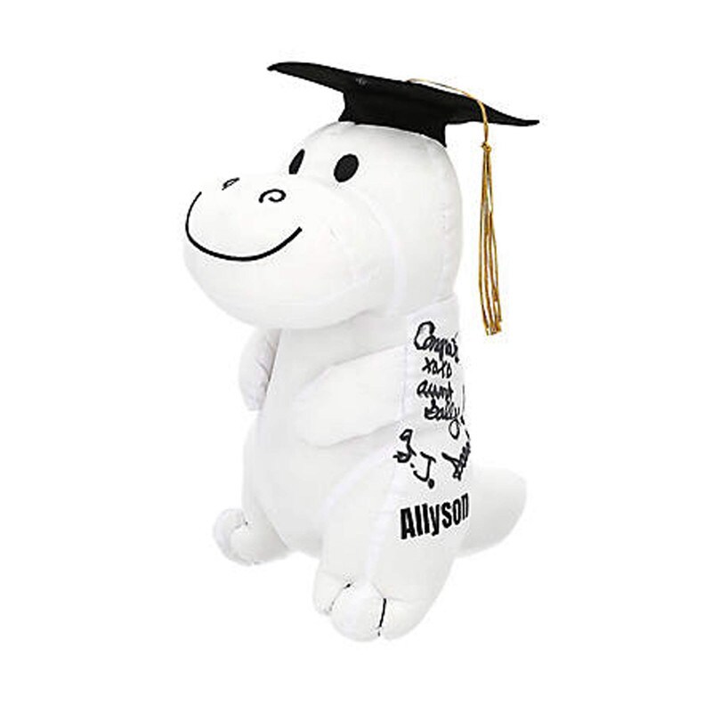 Personalized Graduation Autograph White Stuffed Dinosaur with Cap 6&#x22; x 11&#x22; Graduation Keepsake