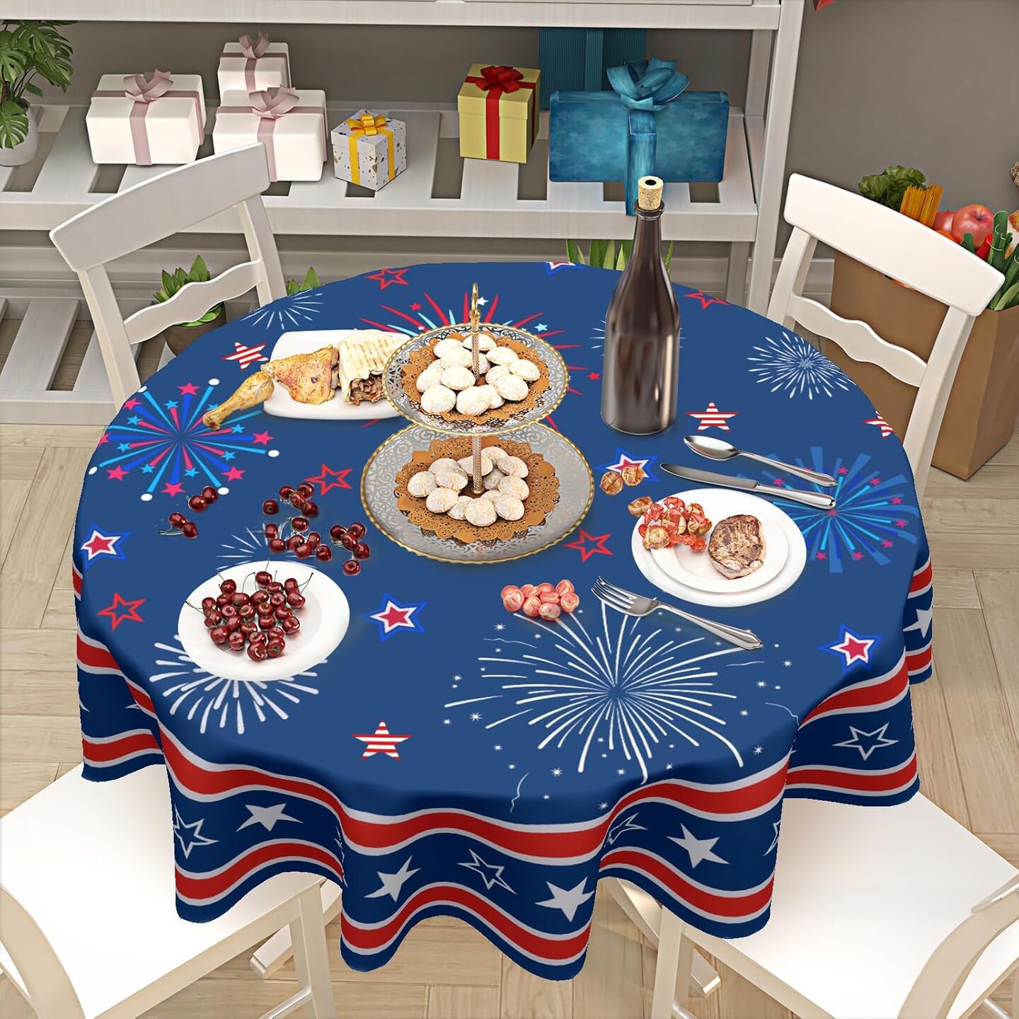 4th of July Tablecloth Round Patriotic Star Celebration Firework Table Cloths Circular Independence Day Table Cover Waterproof Polyester Tabletop for Dining Kitchen Party Decor 60 Inch