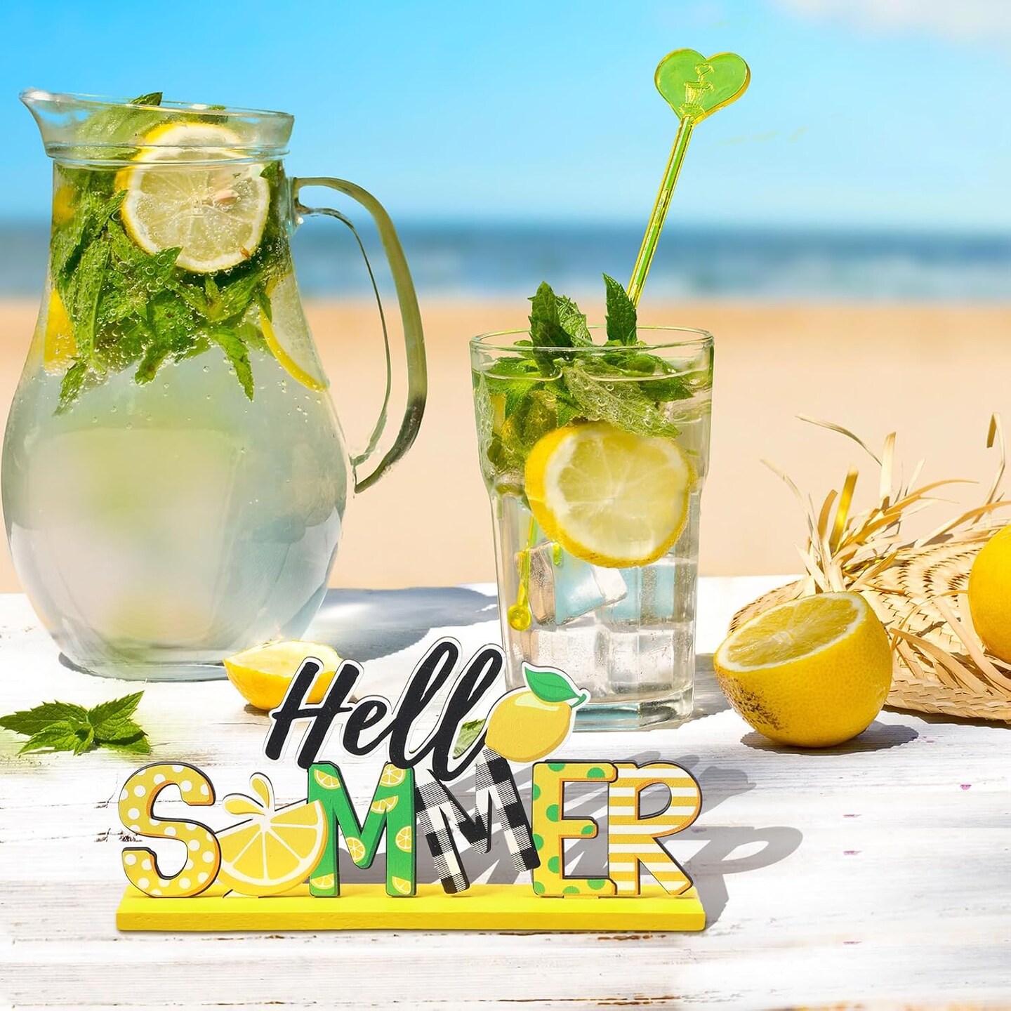 6 Pcs Lemon Decorations Lemon Gnome Wooden Table Centerpiece Hello Summer Lemonade Wood Sign for Table Farmhouse Kitchen Summer Lemon Theme Party Table Tiered Tray Decor