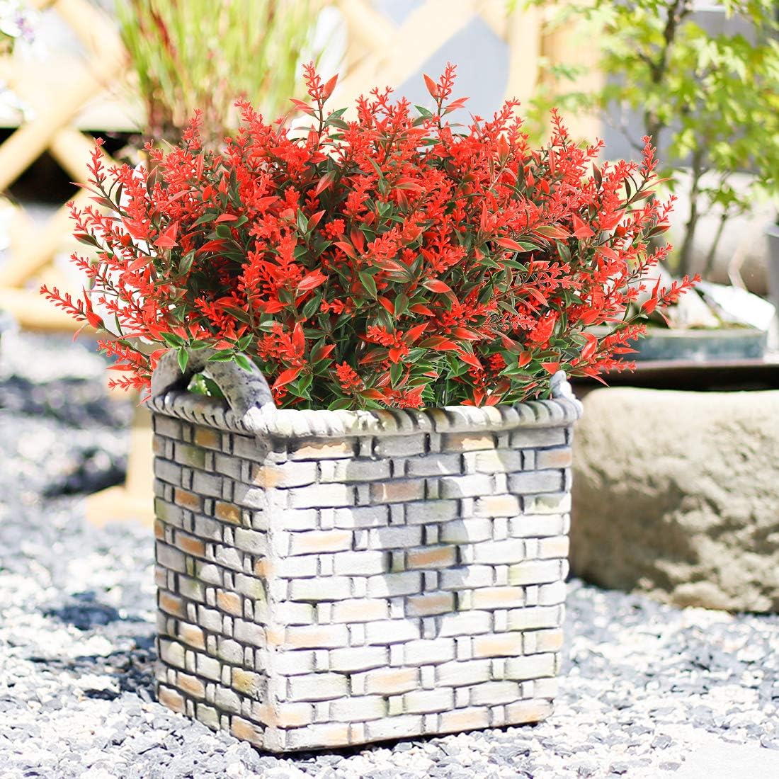 Artificial Lavender Flowers Plants 8 Bundles UV Resistant Faux Outdoor Plastic Greenery Shrubs Plants Hanging Planter Kitchen Home Wedding Office Garden Decor (Orange Red)
