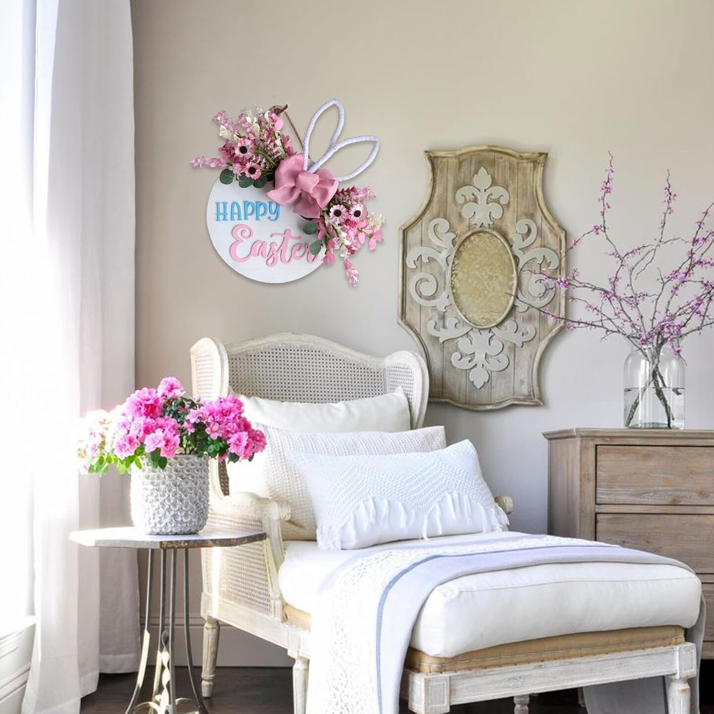 16" Spring Pink Flower Wreath with Happy Easter Sign – Front Door & Wall Decor