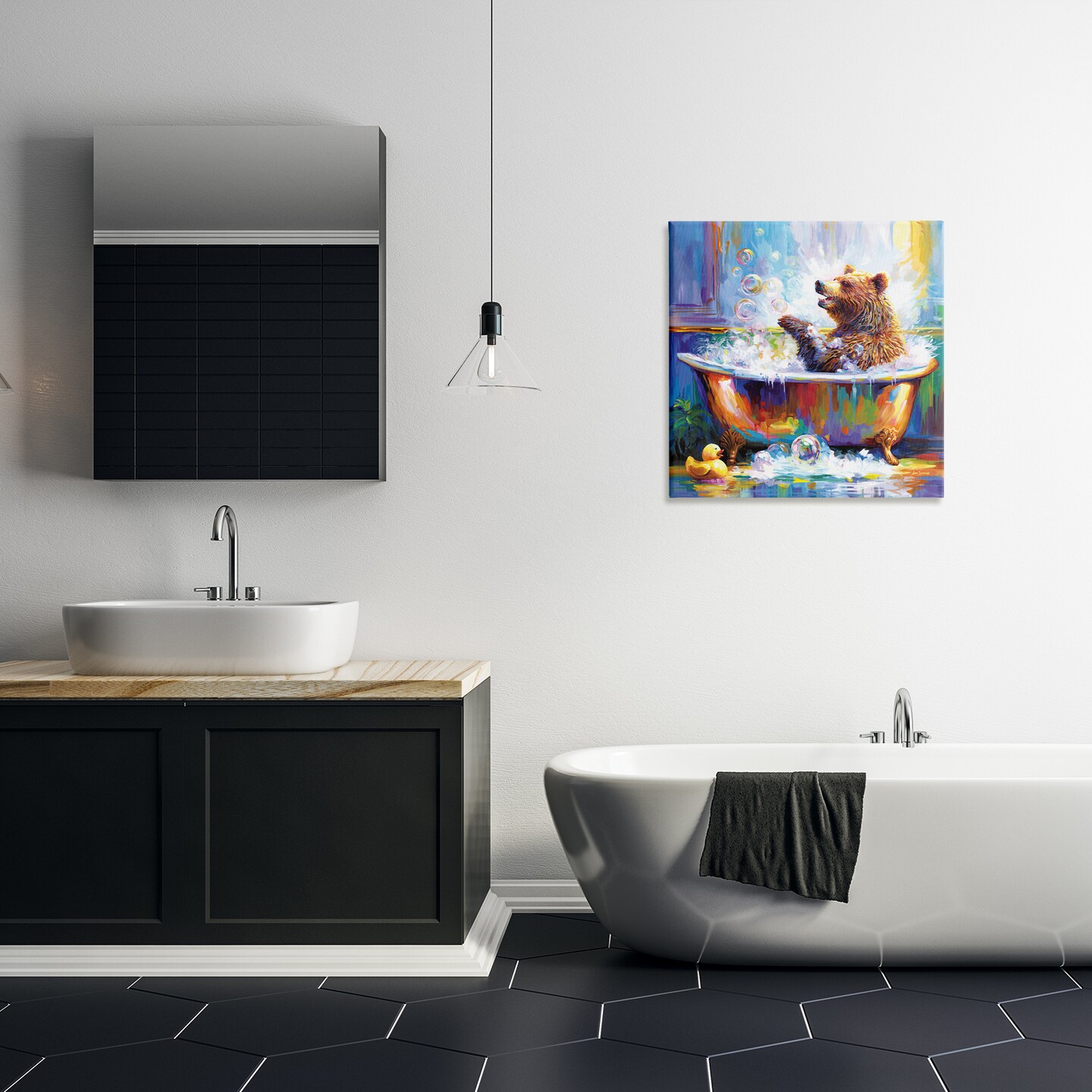 Stupell Industries Happy Bear in Bathtub Canvas Wall Art Design by Leon Devenice