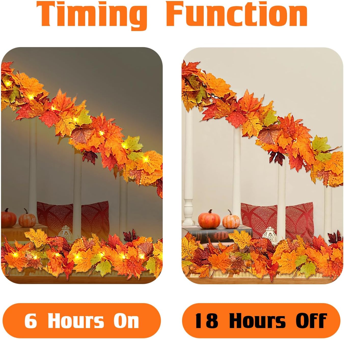 Fall Garland Maple Leaf with Lights, 2 Pack 5.7Ft/Piece Leaf Garland with Remote Control, 8 Light Modes(Orange)2 x 2 x 1.2 inches