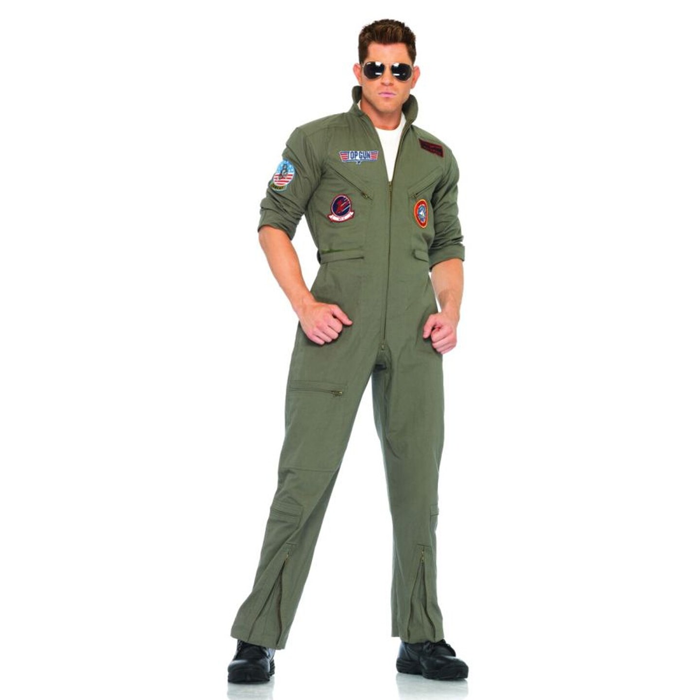 Men's Top Gun Costume Olive Green Flight Suit Aviator Sunglasses
