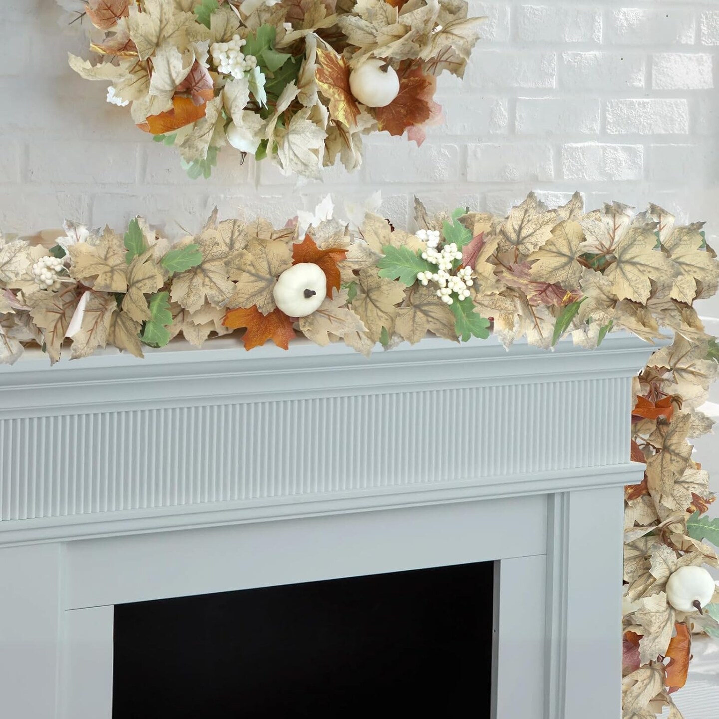 2 Pack Fall Leaf Garlands for Mantle Fireplace, 5.8Ft Autumn Leaves Decor(White)v