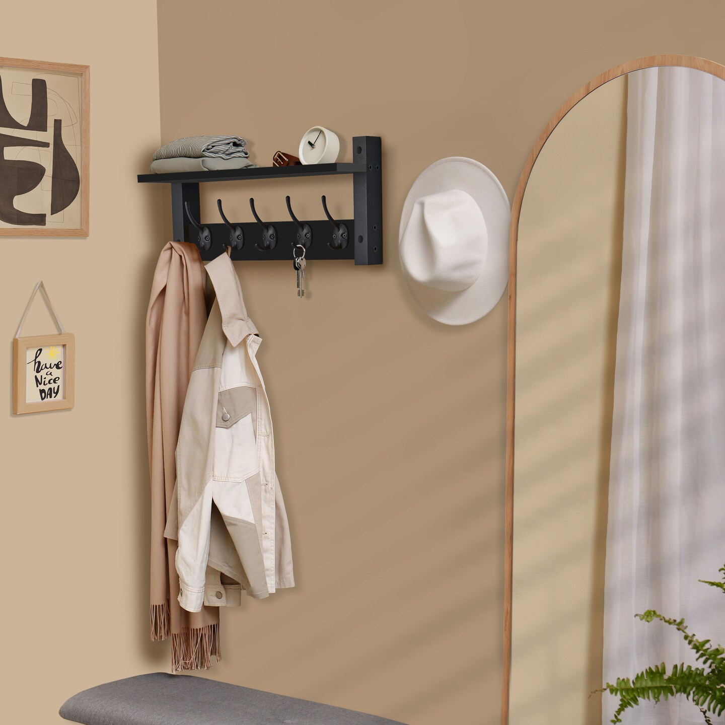 Sorbus Floating Wall Shelf with Hooks for Entryway, Bathroom, Bedroom, Kitchen, or Mudroom