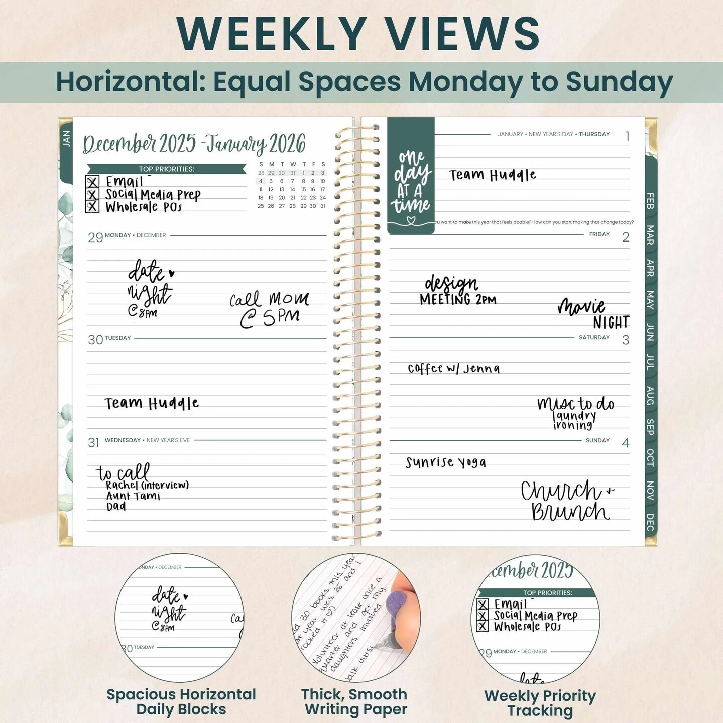 bloom daily planners 2026 Hard Cover Weekly & Monthly Planner, 5.5" x 8.25", Eucalyptus, White