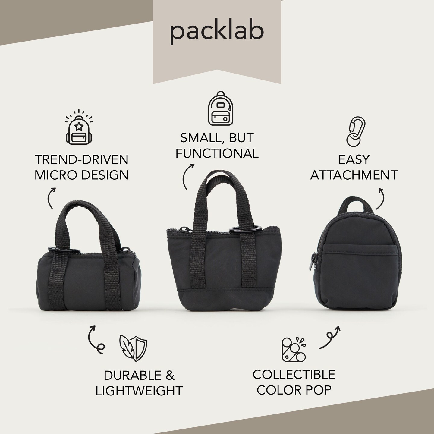 packlab Micro Nano Backpack Keychain - Black Mini Backpack Coin Purse for Cards, Lip Balm & Essentials