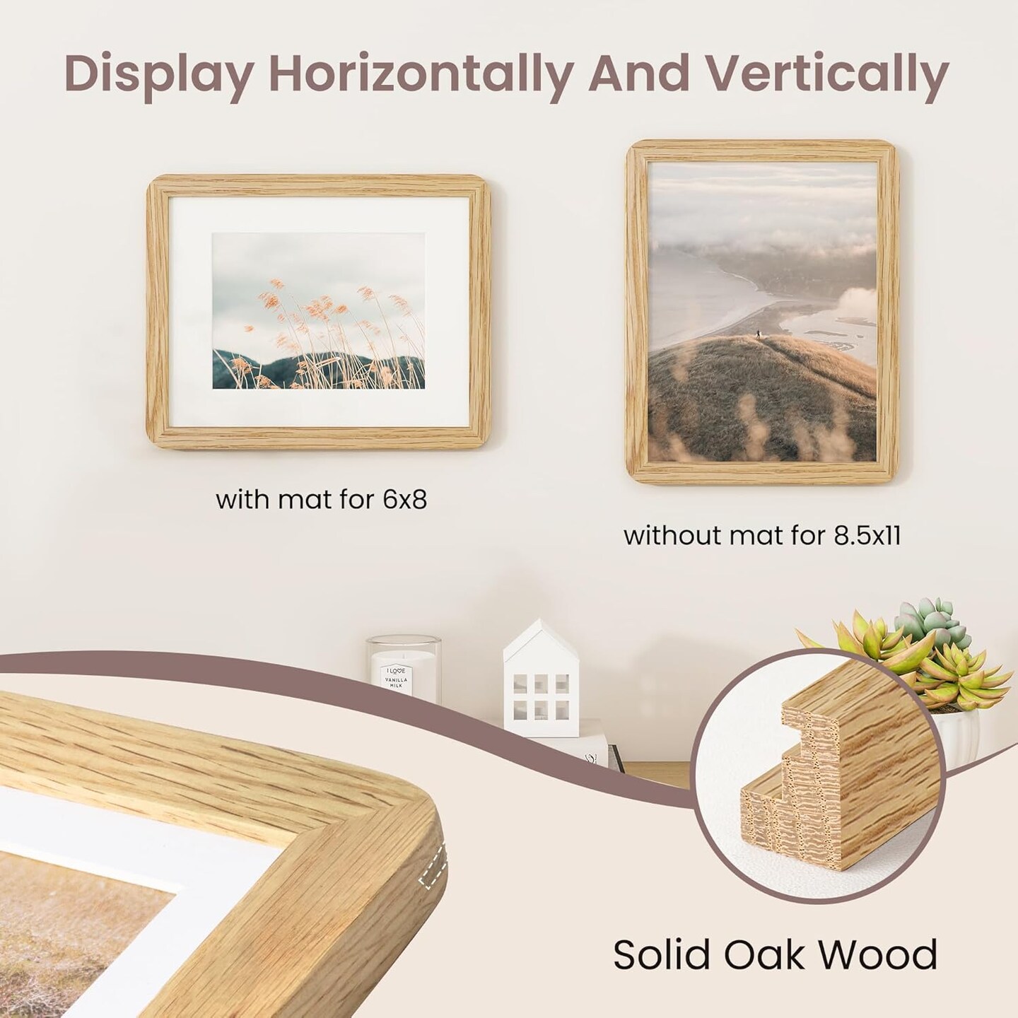 8.5 by 11 Picture Frame - Solid Oak Wood 8.5x11 Fram, 8 1/2 x 11 For 6x8, Tabletop and Wall Display, Hanging Hardware Included