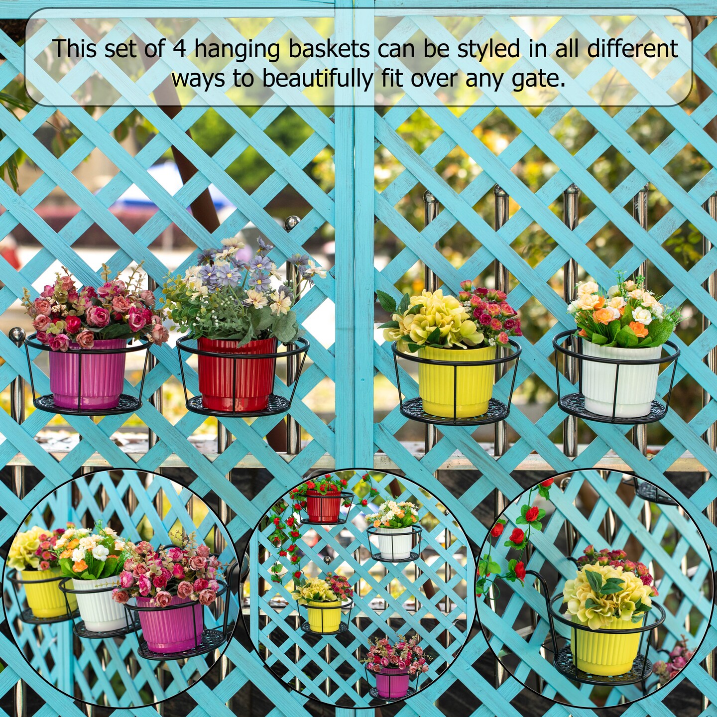 Gardenised Set of 4 Decorative Round Iron Hanging Bucket Style Plant Pot Holders and Flower Baskets with Hooks for Railing Fence Balcony Deck Patio Porch Garden Yard Indoor and Outdoor Home Use