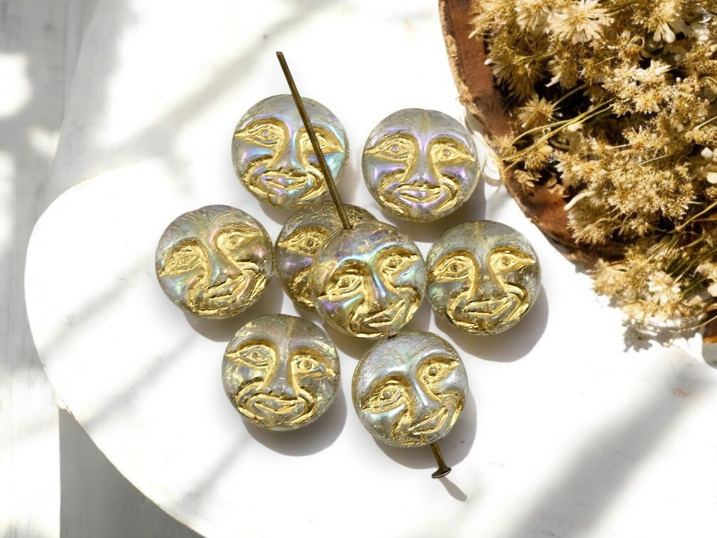 *15* 13mm Gold Washed Crystal AB Moon Face Coin Beads
