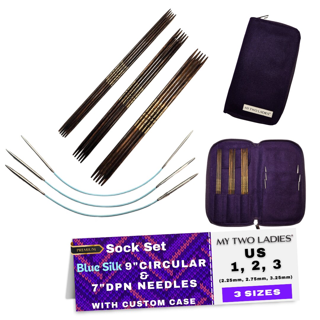 My Two Ladies | Blue Silk | Ultimate Sock Set | 9" Circular Needles & 7" DPN | 3 Sizes | w/custom case