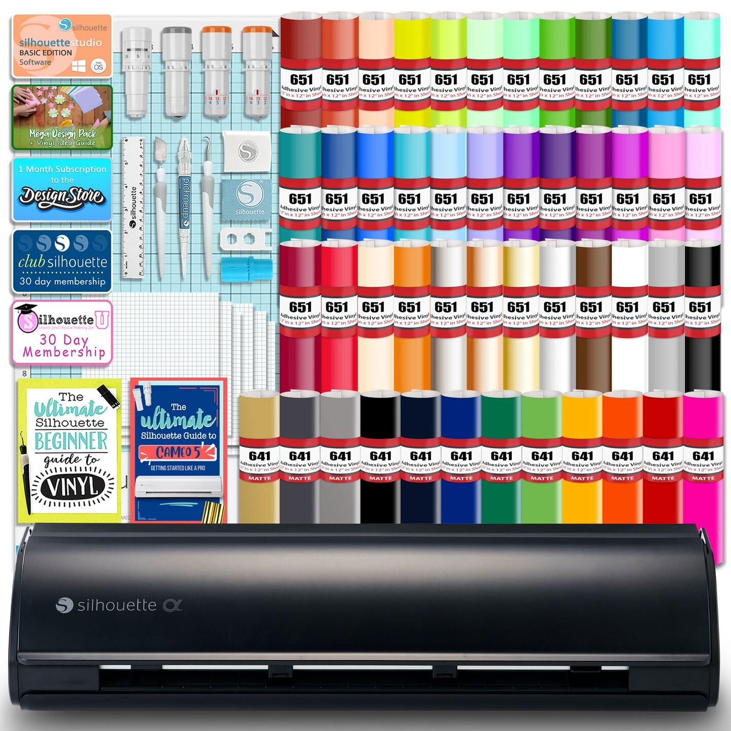 Silhouette Black Cameo 5α Alpha w/ 64 Oracal Vinyl Sheets, Blades, Tools, Guides