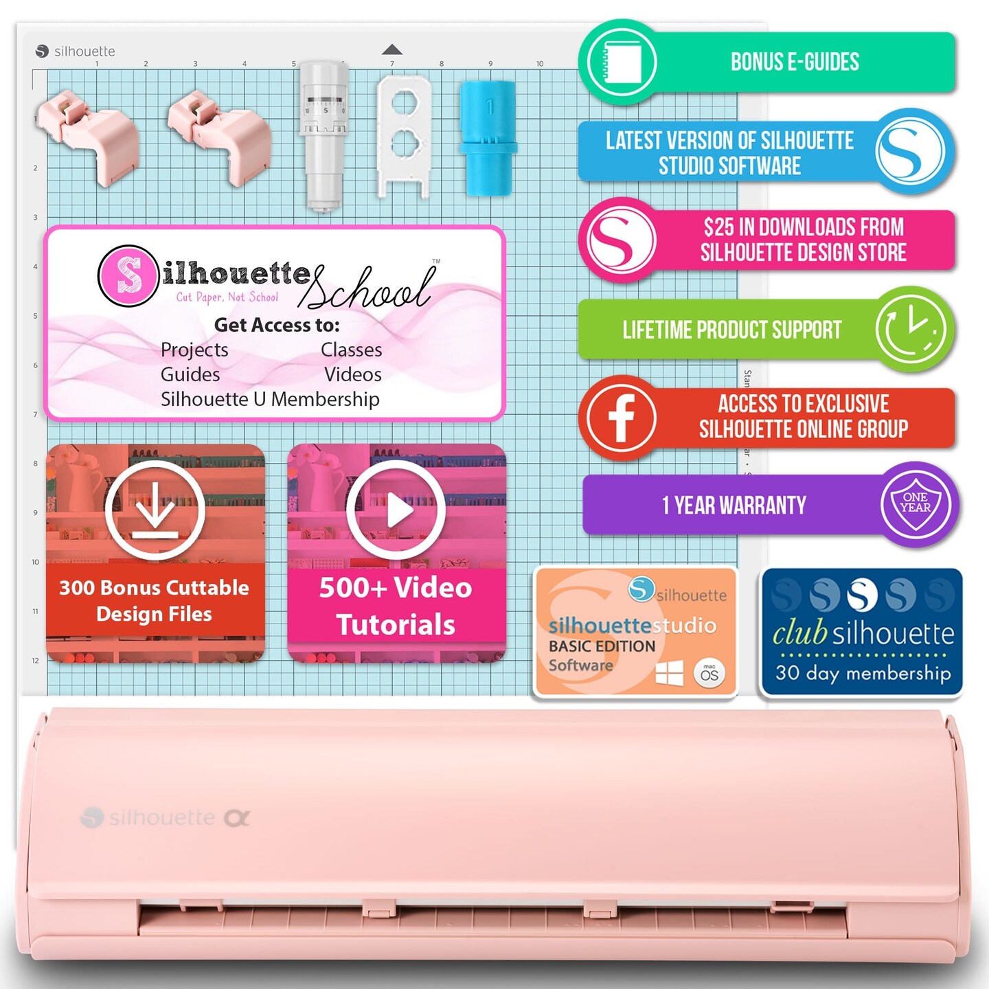Silhouette Pink Cameo 5α Alpha w/ Deluxe Blade & Tool Pack, Mat Pack, Guides