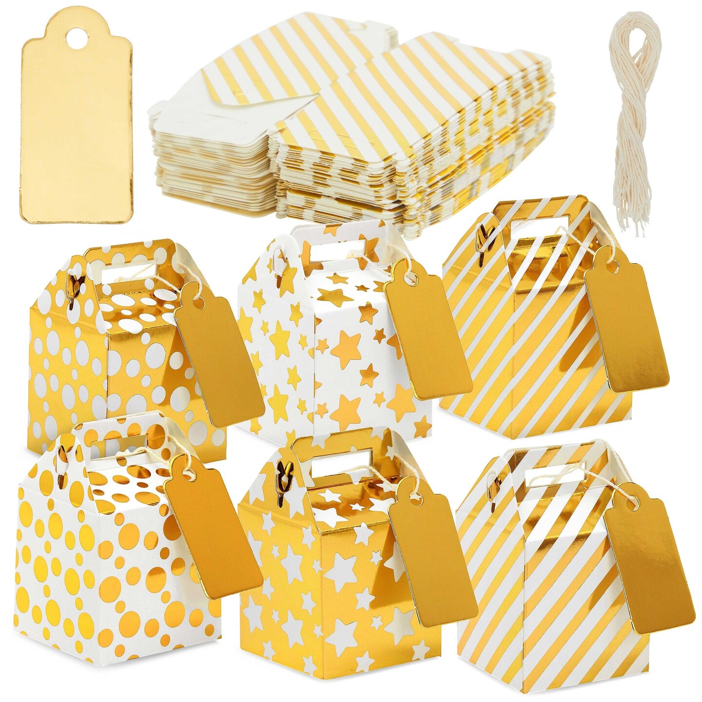 36-Pack Mini Gold Gift Boxes - Tiny 2x2x2 Favor Boxes for Wedding, Birthday, Treats, with Tags and String (3 Patterns)